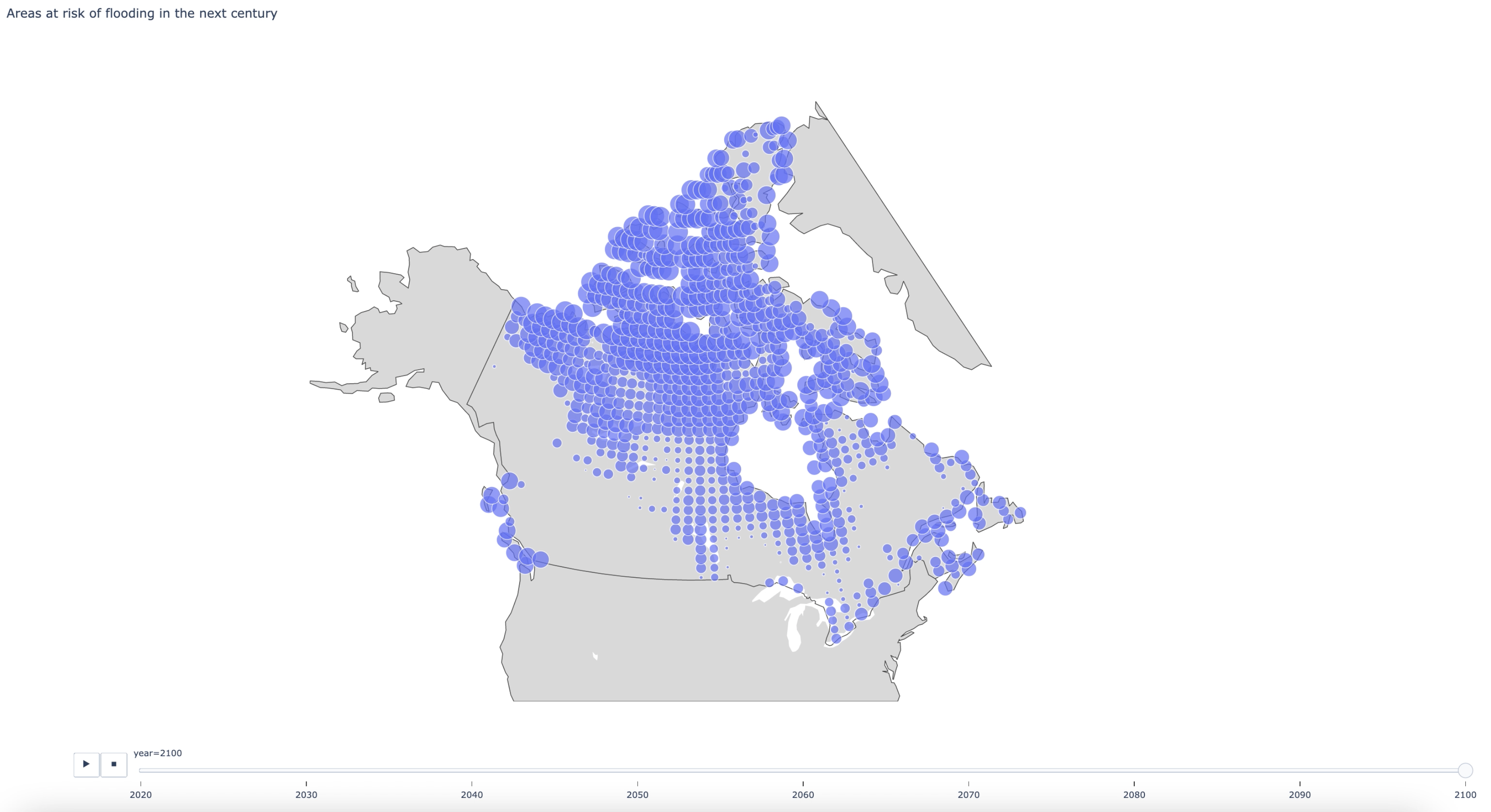 Image of a bubble map representing flooded regions of Canada in the year 2100